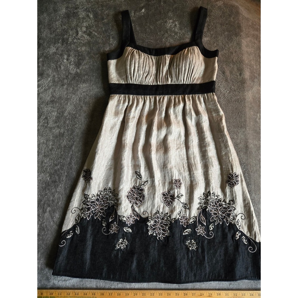 SL Fashions Empire Waist Dress Womens 10 Champagne Black Good Floral Beaded